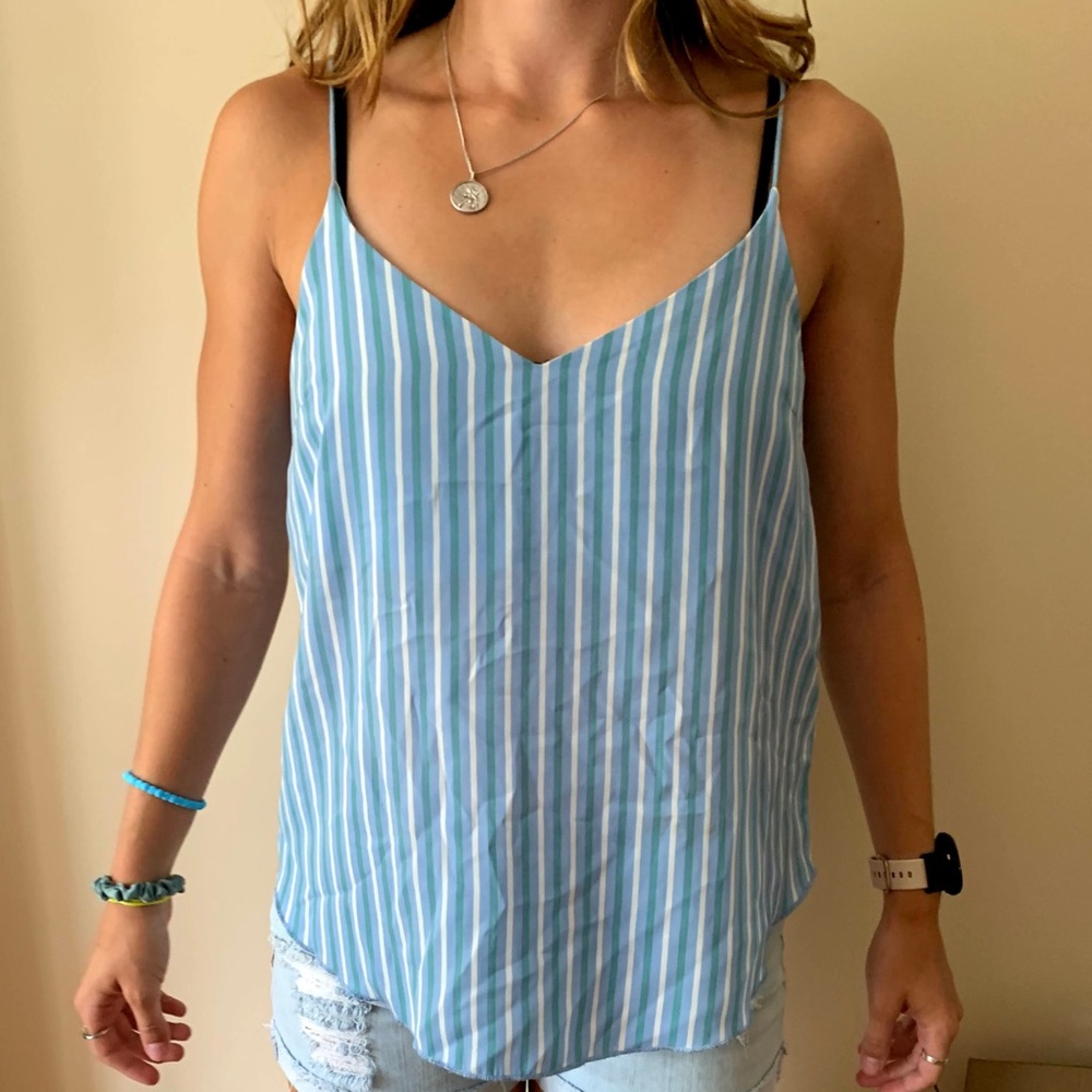 Blue and white striped spaghetti strap blouse